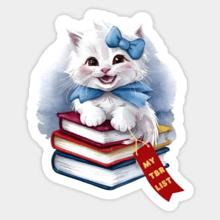My TBR List Funny Sky Blue Book Stack Cute Coquette Kitten wearing Blue Bow and Ribbon with Red Bookmark for Book Lovers, Book Readers and White Cat Lovers Sticker